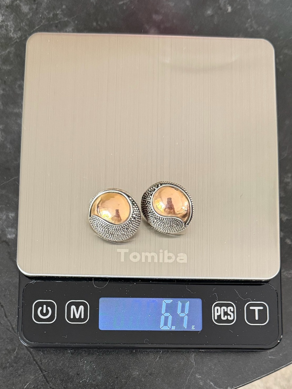Sterling Silver 925 Yin Yang Stud Earrings Two Tone Artisan Modernist Post - Picture 7 of 7